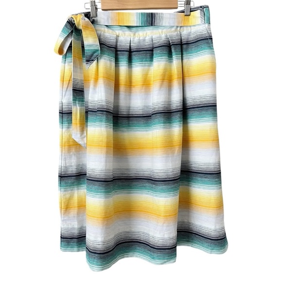 GAP Size 14 Blue Multi Color Ombre Stripe Cotton Linen Tie Waist A Line Skirt - Picture 1 of 10